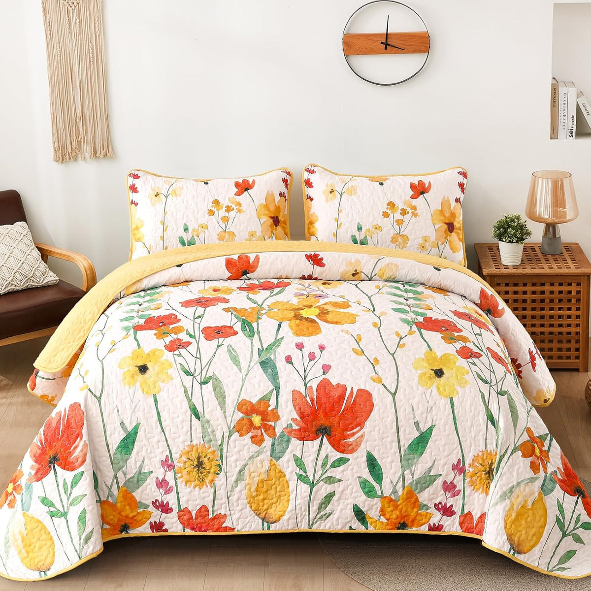Quilt Set, Yellow Floral Reversible Bedspread Soft Microfiber Lightweight Quilt Bedding Sets Reversible