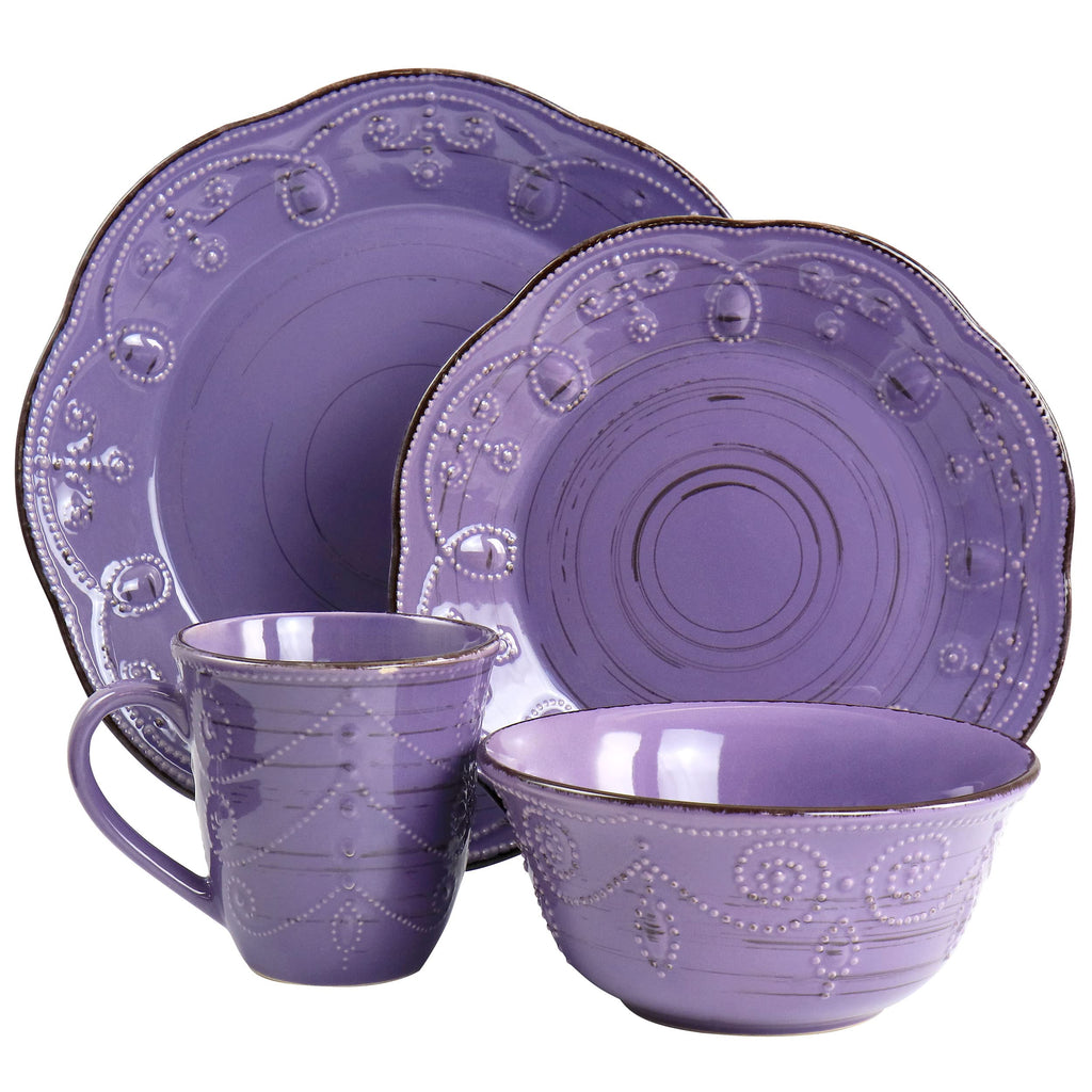 Rustic Birch 16 Piece Stoneware Dinnerware Set in Purple, Purple with Brown Accents, (EL-RUSTICBIRCH)