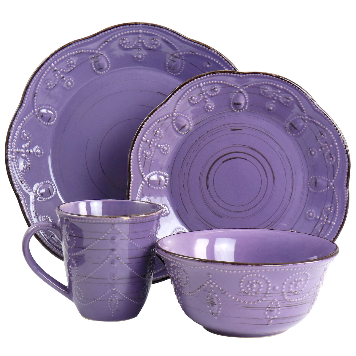 Rustic Birch 16 Piece Stoneware Dinnerware Set in Purple, Purple with Brown Accents, (EL-RUSTICBIRCH)