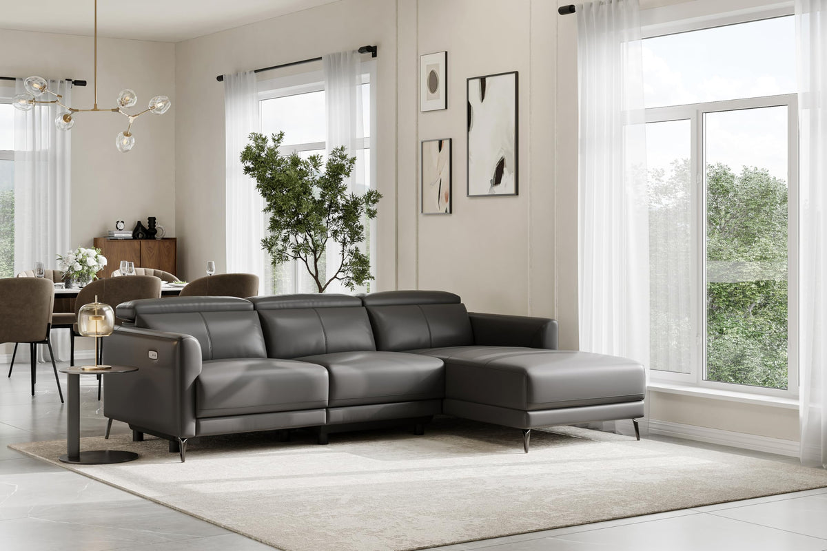 Andria 99.5" Leather Sectional Couch, Power Recliner with Right Chaise - Cloudy Grey