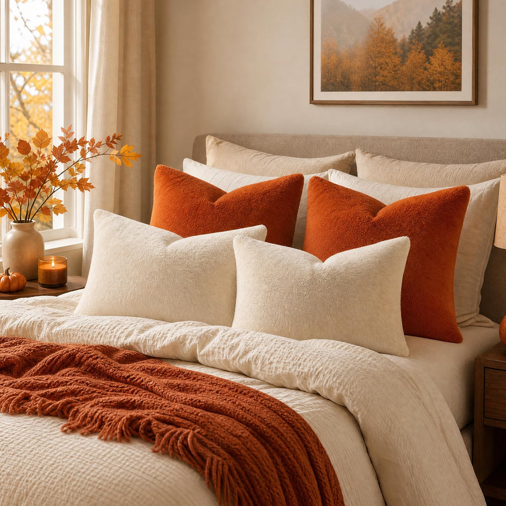 Faux Fur Fall Decorative Throw Pillow Covers 24x24 Set of 2, Rust