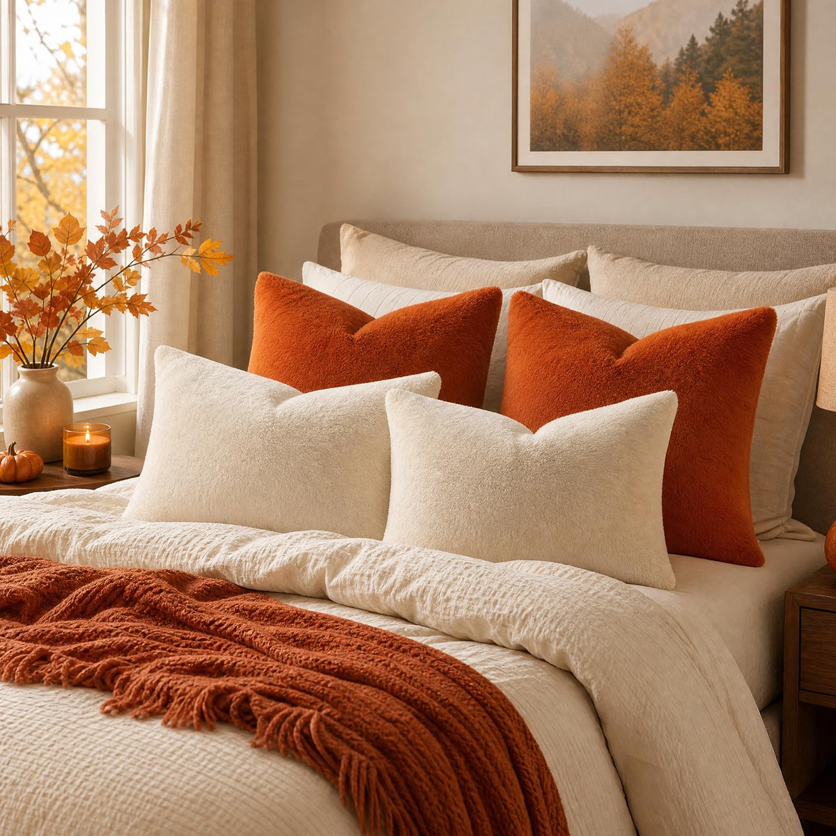 Faux Fur Fall Decorative Throw Pillow Covers 24x24 Set of 2, Rust
