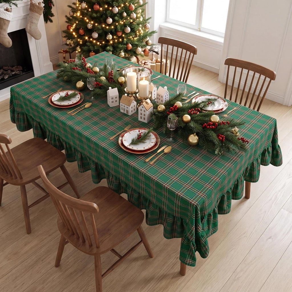 Christmas Plaid Ruffled Tablecloth Rectangle, 60x84 Inch Green