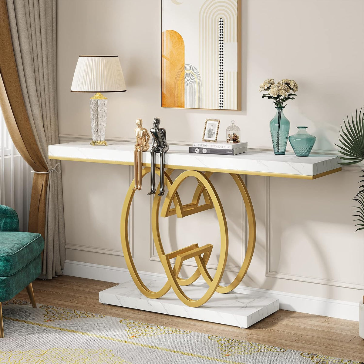 55 Inch Console Table , Faux Marble Gold Entryway Table with Geometric Metal Base, Modern Narrow Sofa Accent Table