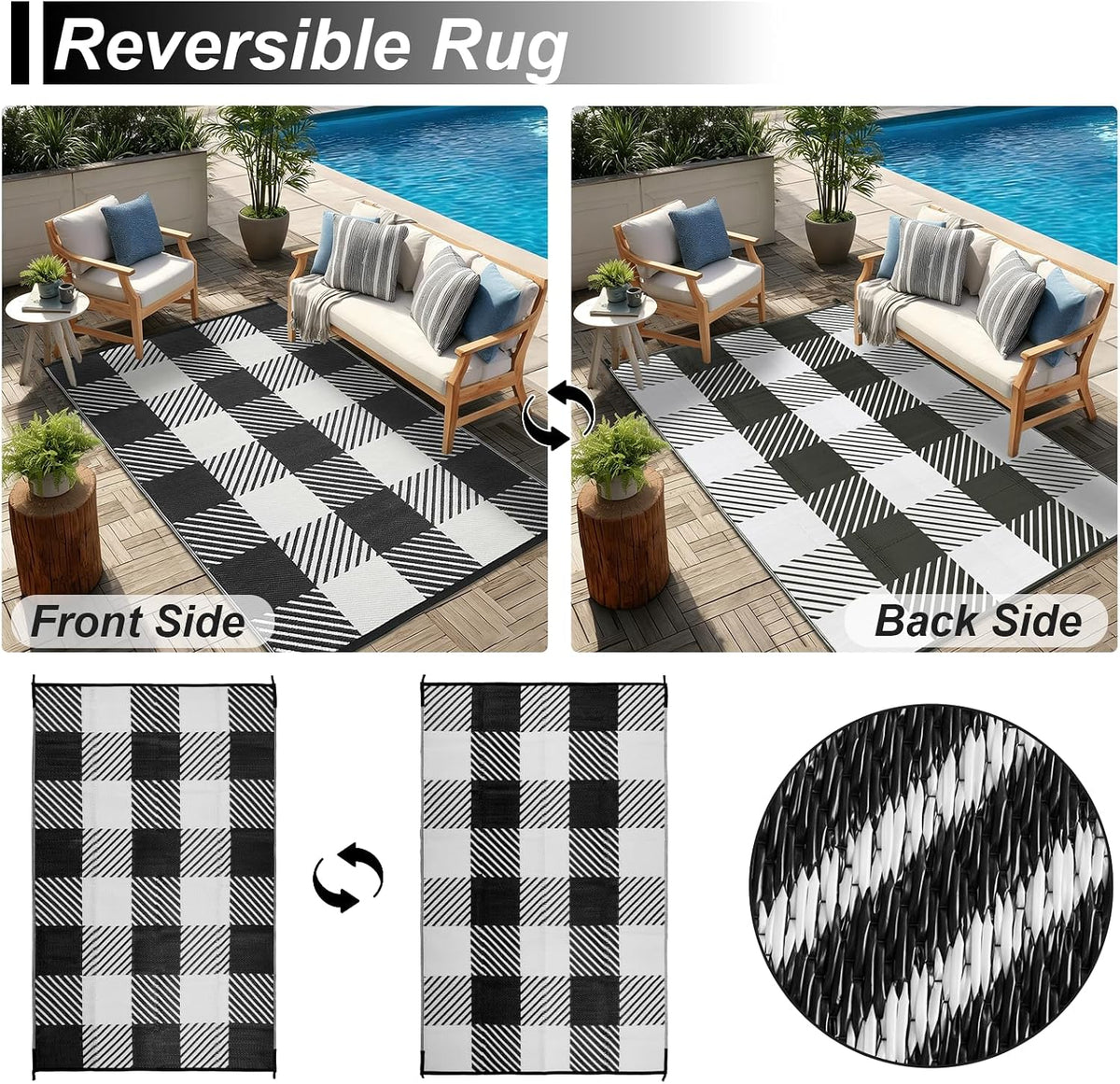 Reversible Waterproof Outdoor Rug, Black & White Checkered
