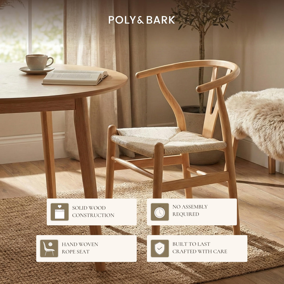 & BARK Weave Dining Chair - Mid-Century Modern Wishbone Dining Chair with Arms, Solid Wood Frame, Indoor Use - Oak