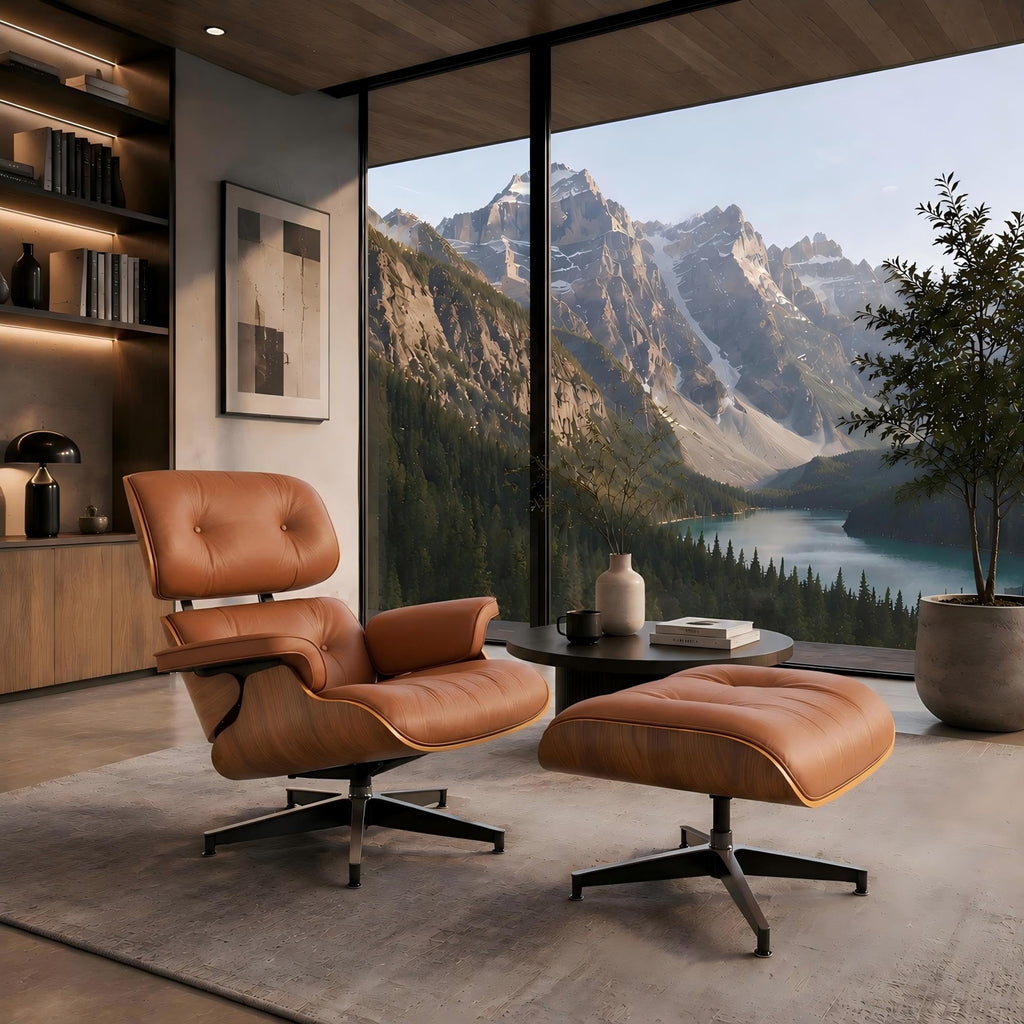Inspired Eames Style Top Black Grain Leather Mid Century Chaise Lounge Chair and Ottoman, Reading Chair, Leather Accent Chair, Modern