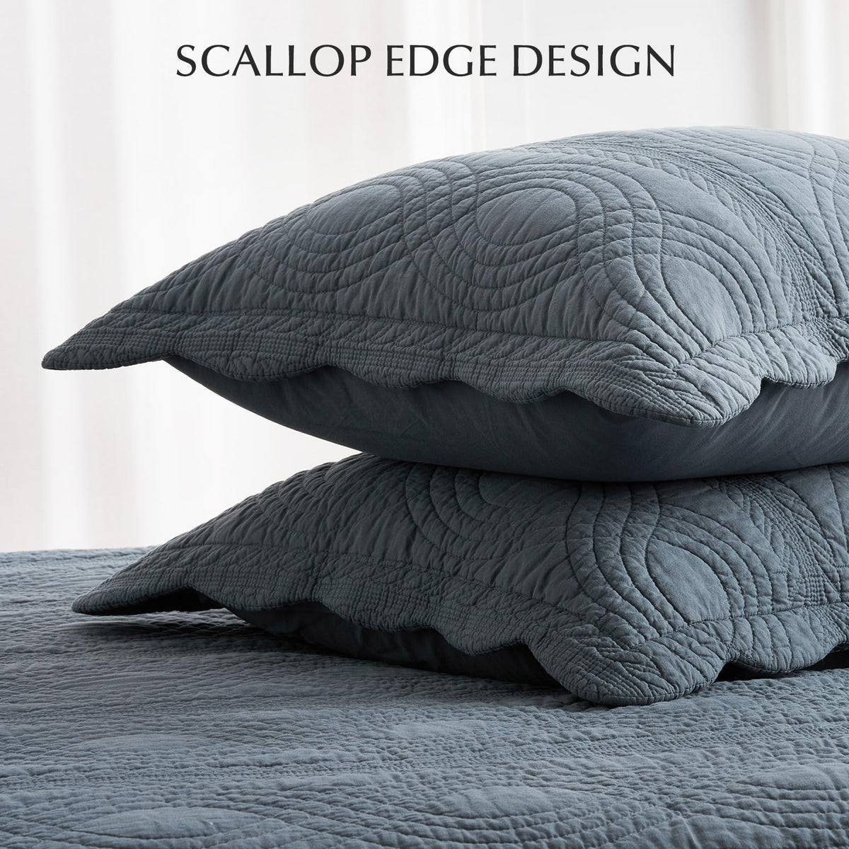100% Cotton Scallop Quilt Set, Stormy Blue