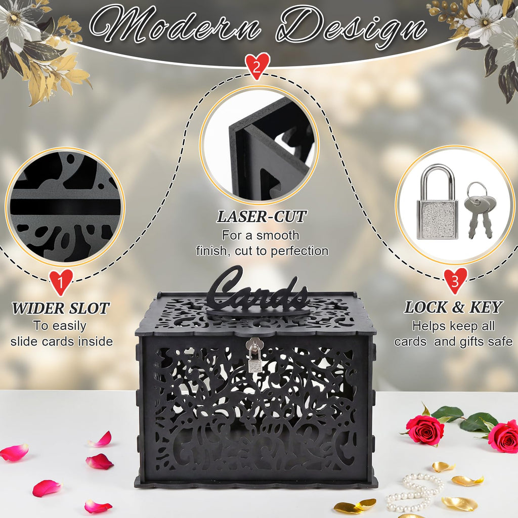 Black Wedding Card Boxes for Reception, PVC Gift Card Box for Wedding Decor