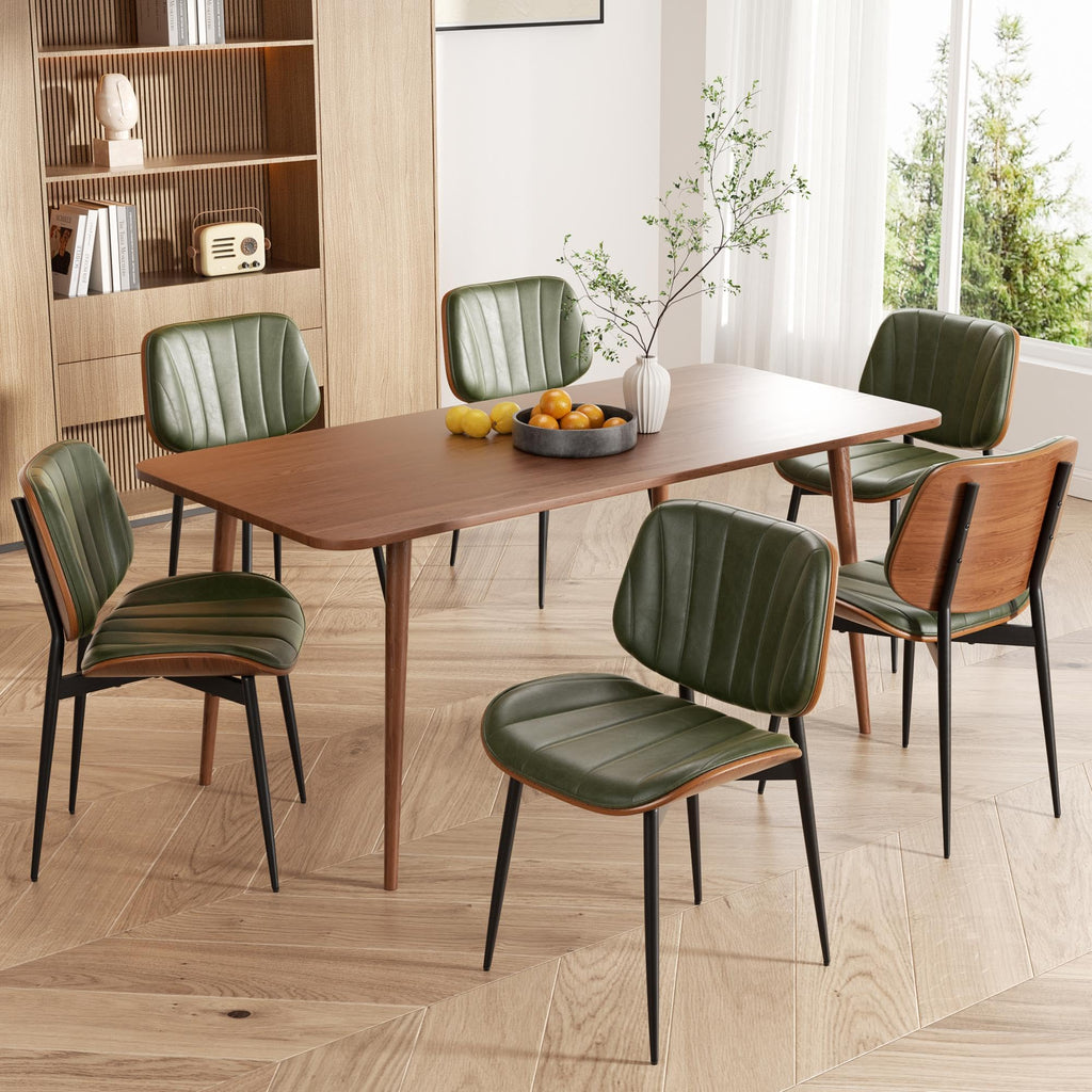 Dining Chairs Set of 6, Mid Century Modern Dining Room Chair, Upholstered Faux Leather Kitchen Chairs with Walnut