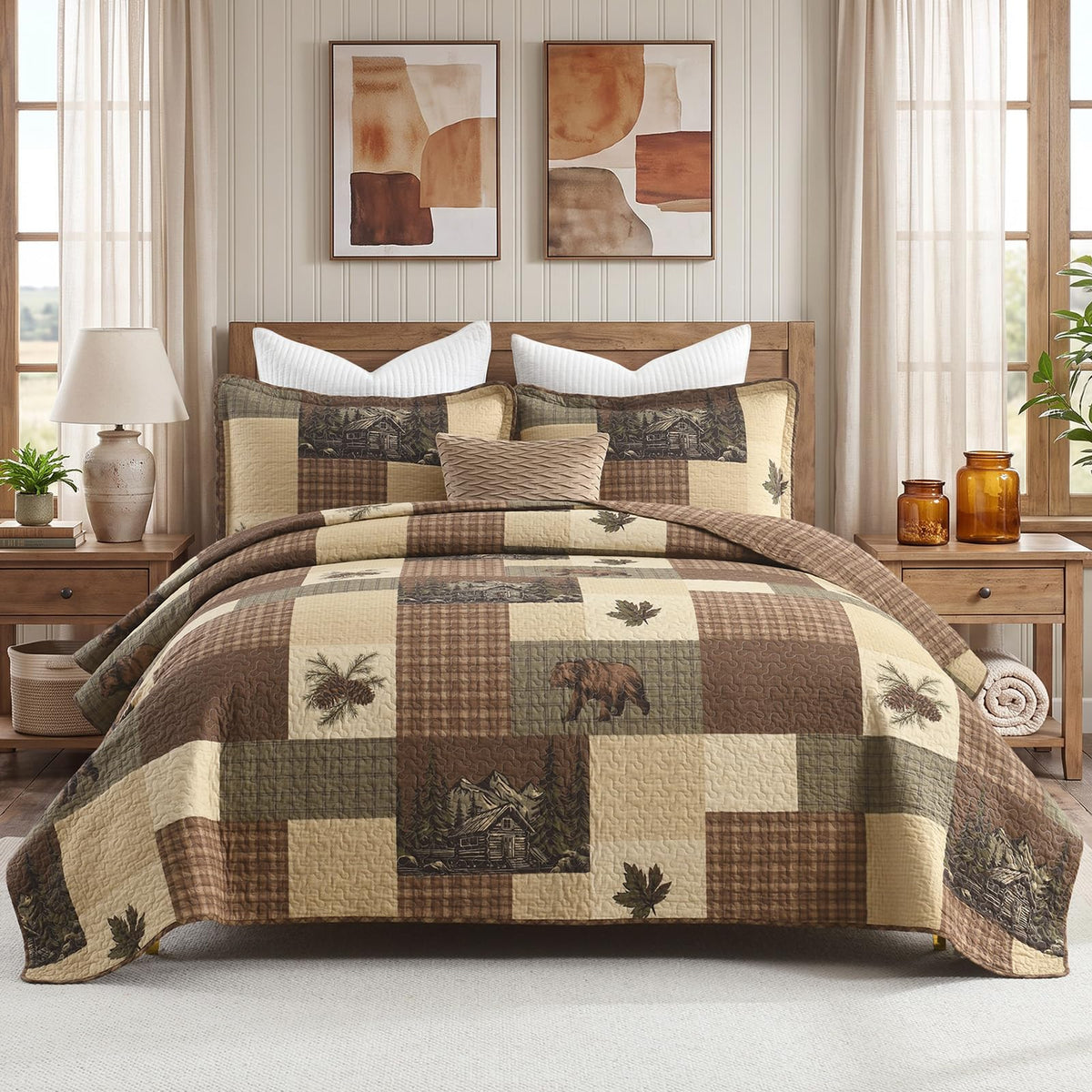 Cabin Quilt Set, 100% Cotton 3 Pieces Comforter Sets, Lodge Farmhouse Plaid Quilted Bedspread Coverlet