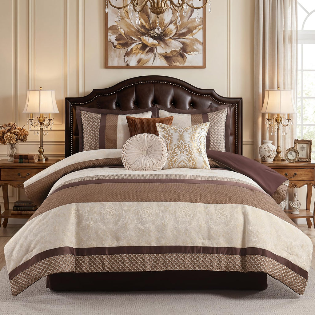Comforter Set Brown Cream - 7 Piece Jacquard Bed in a Bag