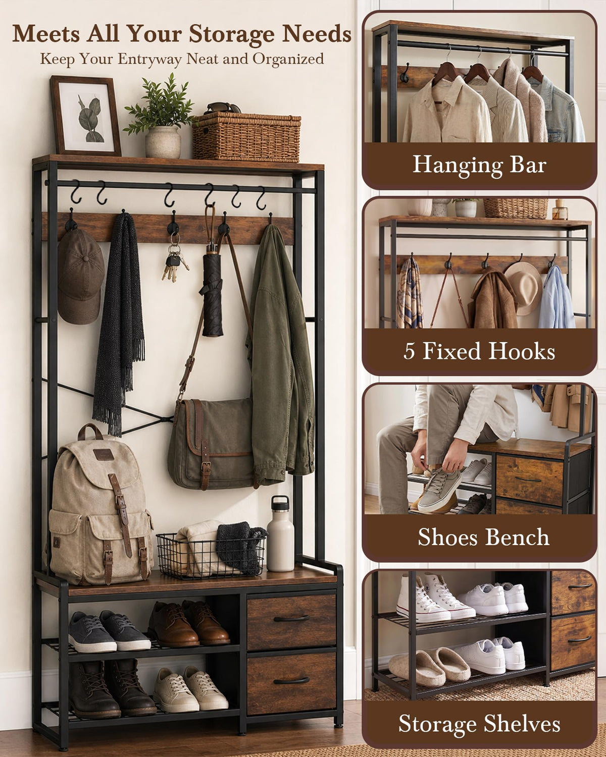 Hall Tree with Bench and Shoe Storage, Rustic Brown