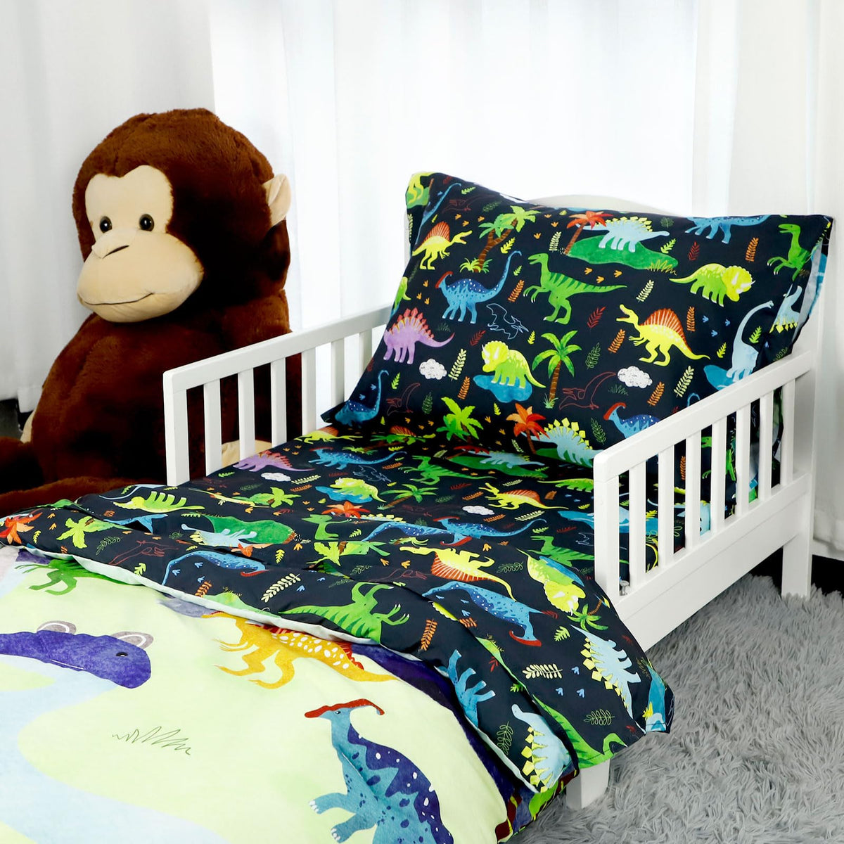 4 Piece Toddler Bedding Set, Ultra Soft and Breathable Cartoon Dinosaur Toddler Comforter Sets for Boys Includes