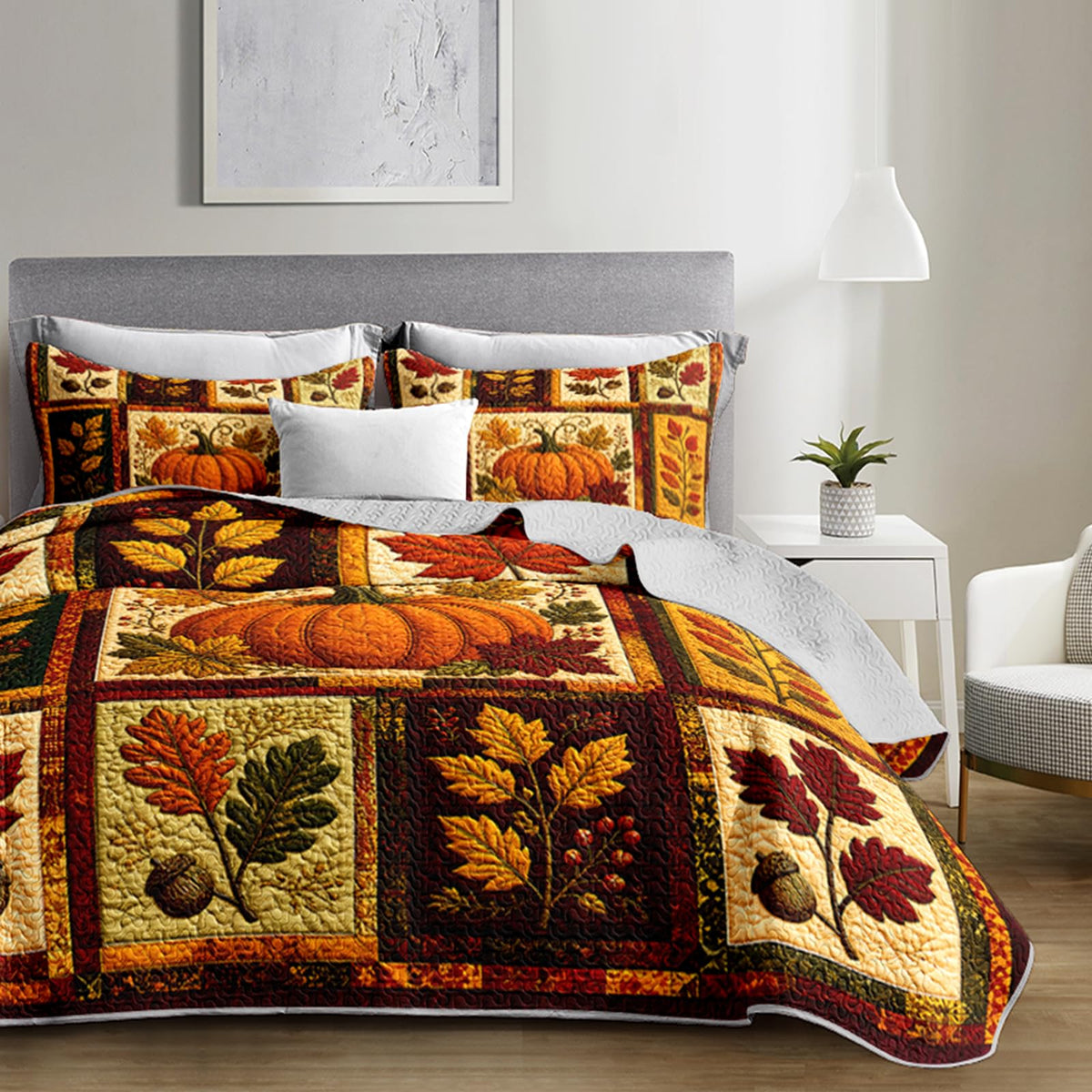 Fall Pumpkin Patchwork Quilt Set for Adults with 2 Pillowcases.