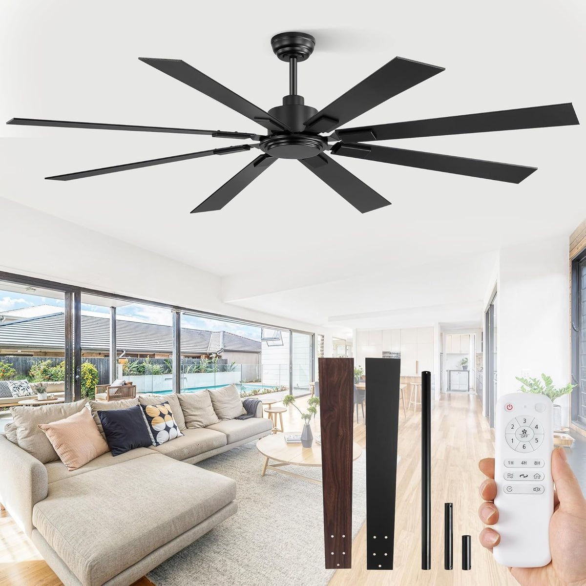 72 Inch Ceiling Fan No Light with Remote Control, 8 Blades