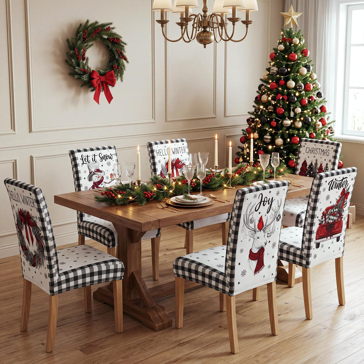 6 Pcs Christmas Chair Cover Stretch Seat Slipcovers, Vintage Style
