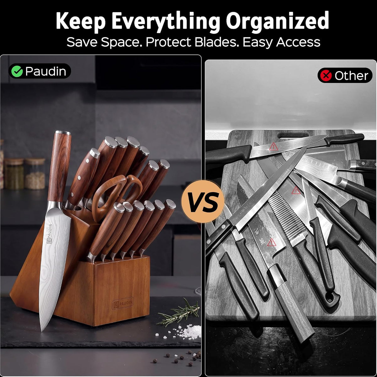 16-Piece Kitchen Knife Set with Block, Built-in Sharpener, Ultra Sharp 5Cr15Mov Stainless Steel Chef Knives, Natural