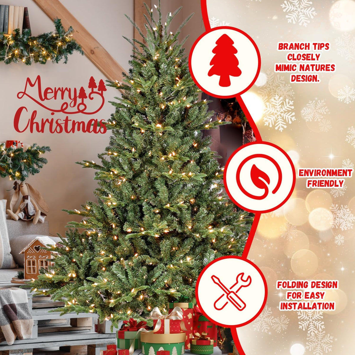 Prelit Christmas Tree, 4 to 9 ft, Premium Douglas Fir Christmas Tree, Pre Lit Hinged Xmas