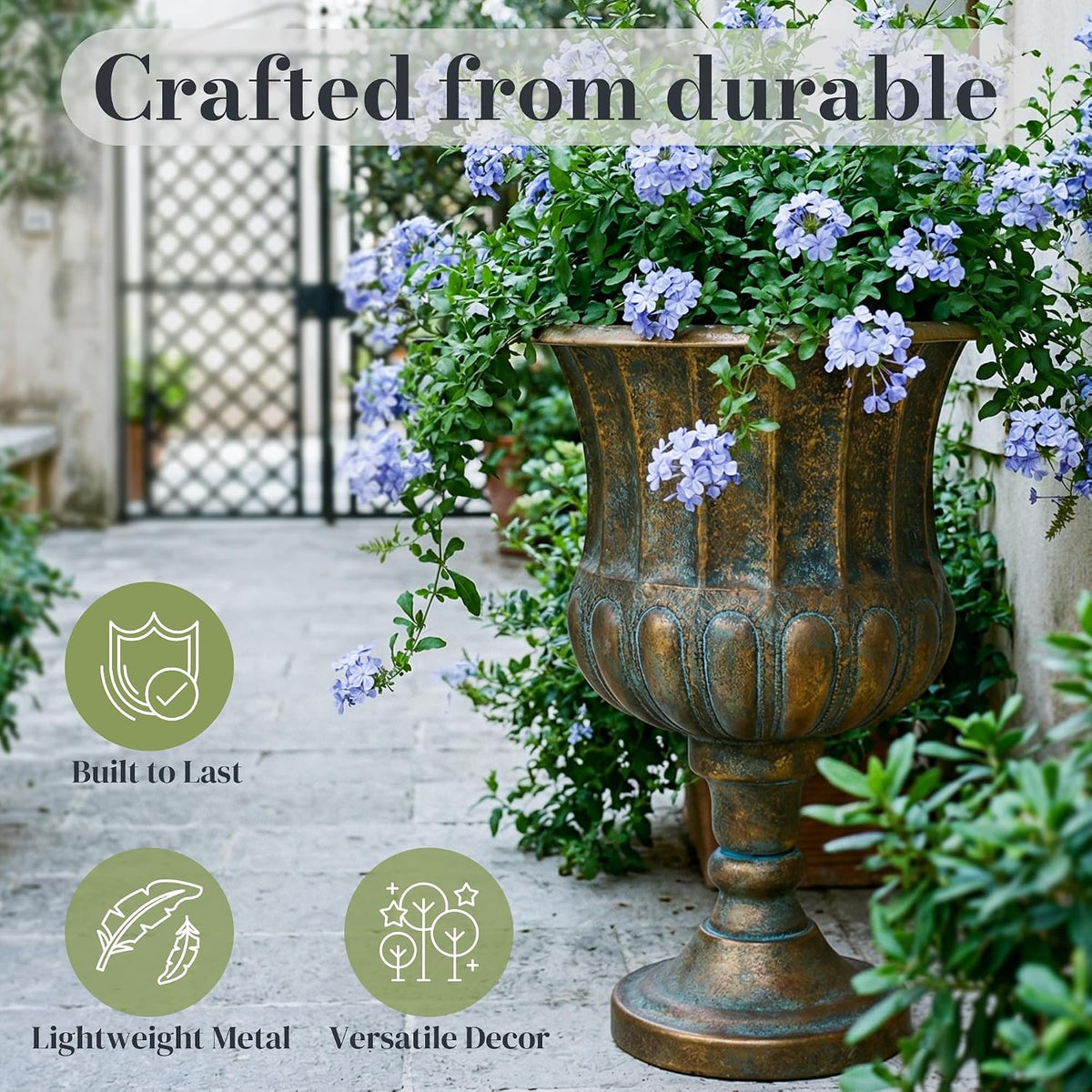 24.5" H. Metal Urn Planters 1-Pack - Bronze Classic Antique Iron Plant Pots - Large Decorative Rustic Flower Pots for