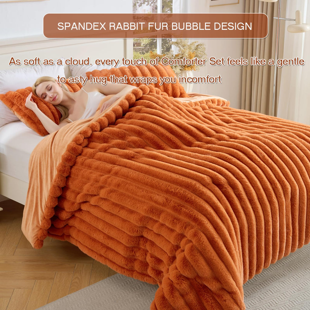 3 Pieces Fluffy Faux Rabbit Fur Comforter Set, Plush Fuzzy Bedding Set, Stripes Design Warm Soft Comforter