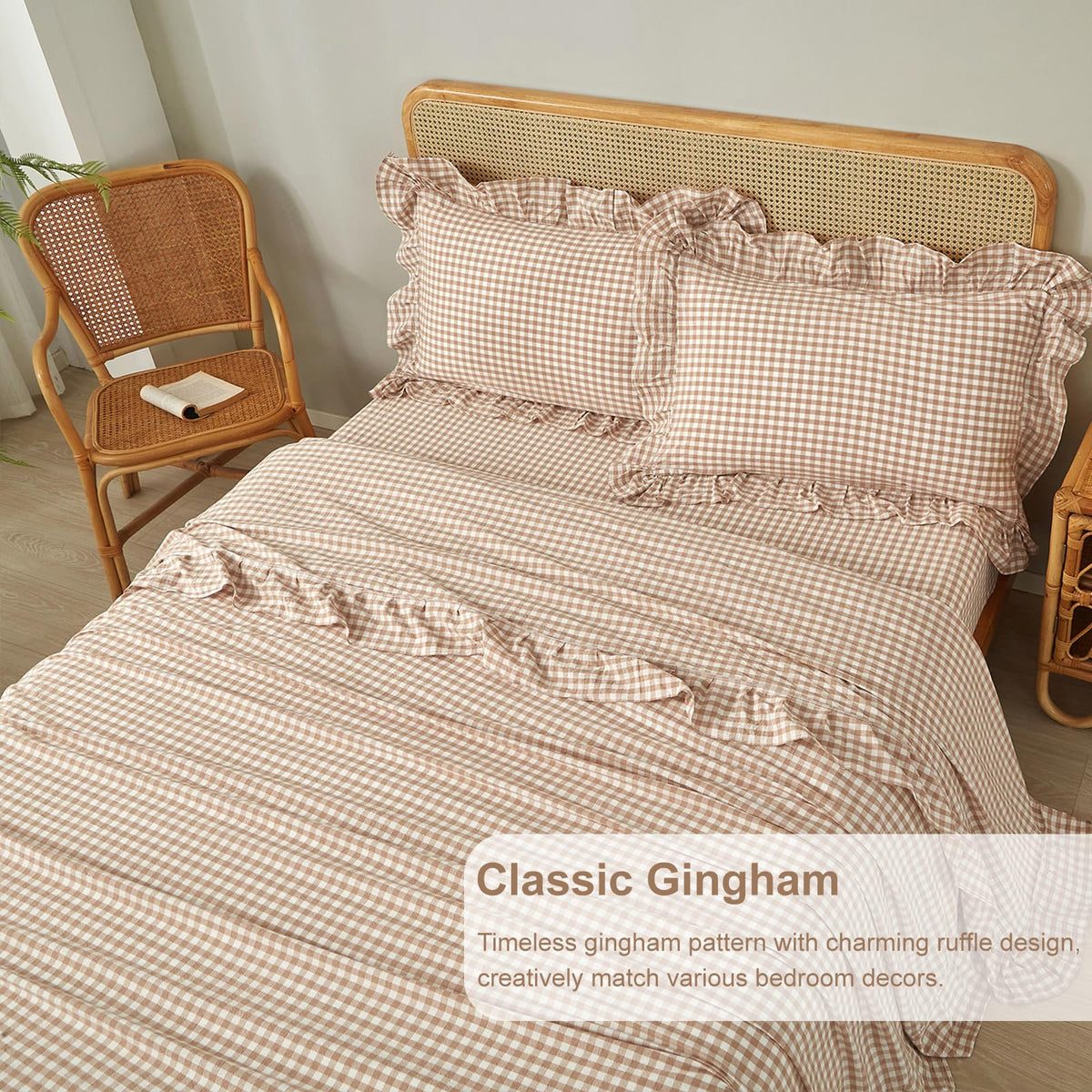Tan Gingham Ruffle Sheets Set Boho Taupe Plaid Bed Sheets