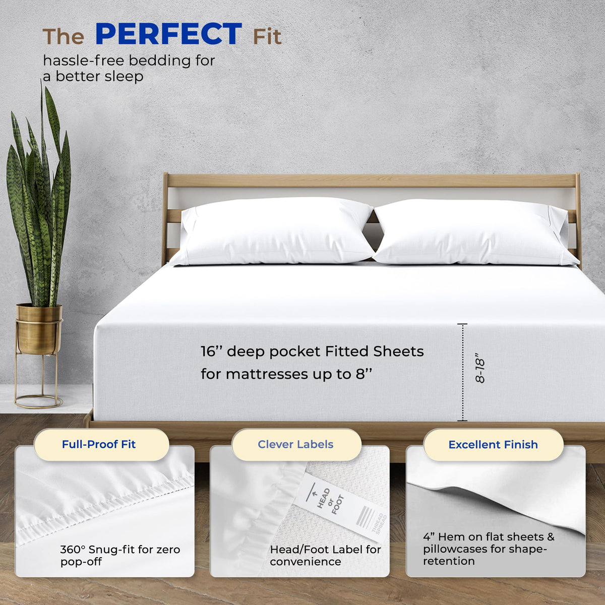 Egyptian Cotton Sheets - 1000 Series High Thread Count Cotton Sheet Set (4 PC, White), 16" Snug Fit