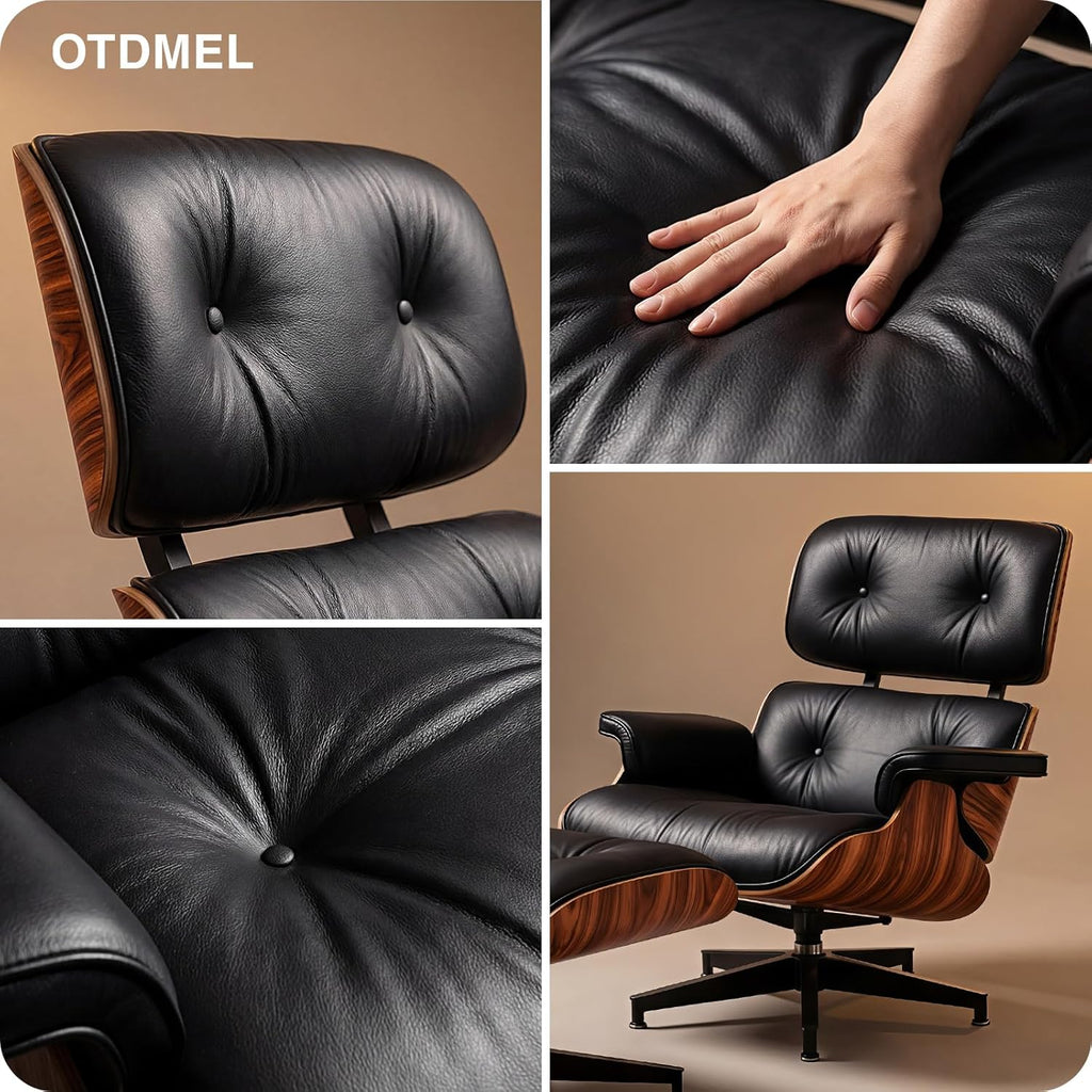 Inspired Eames Style Lounge Chair and Ottoman — Black Top-Grain Leather, Rosewood Base, Extended Chaise (59″L)