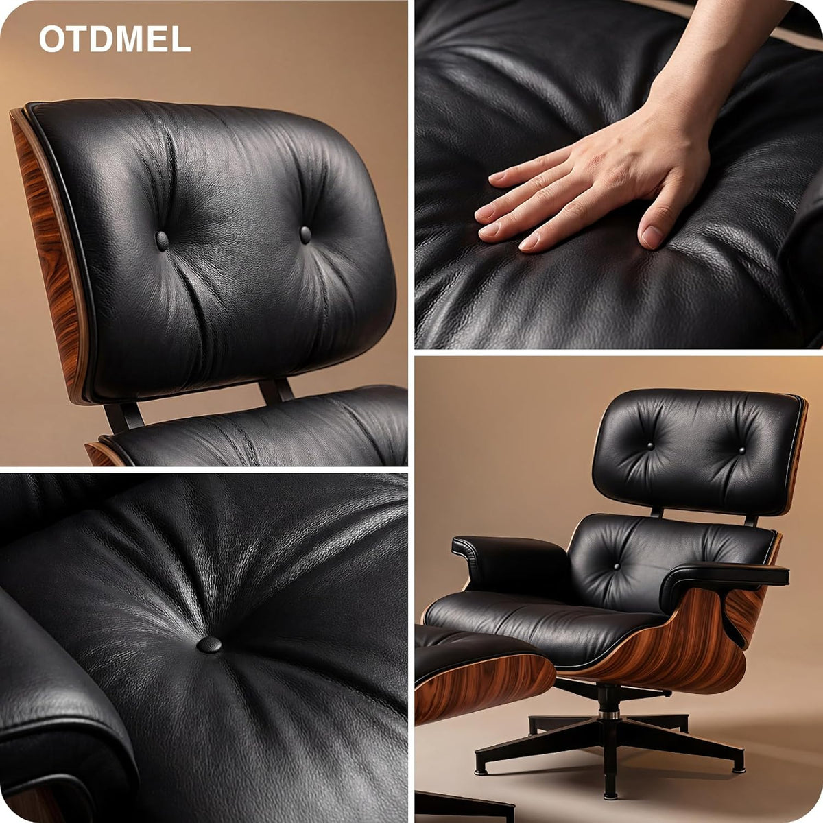 Inspired Eames Style Lounge Chair and Ottoman — Black Top-Grain Leather, Rosewood Base, Extended Chaise (59″L)