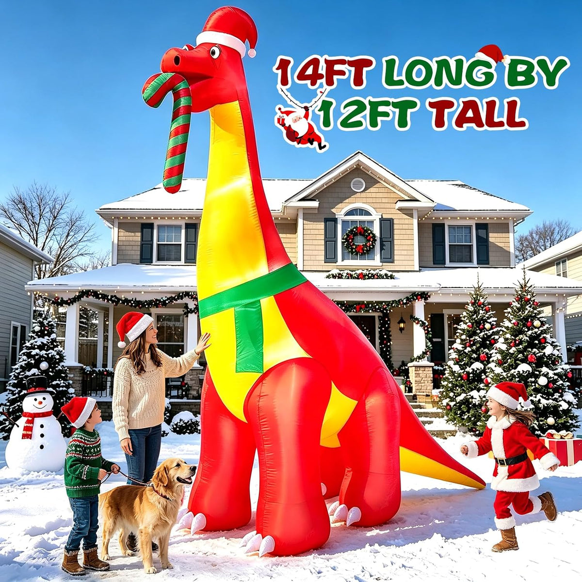 12 Ft Christmas Inflatables Dinosaur Outdoor Decorations, Giant Christmas Blow up,Built in LED Lights, Xmas