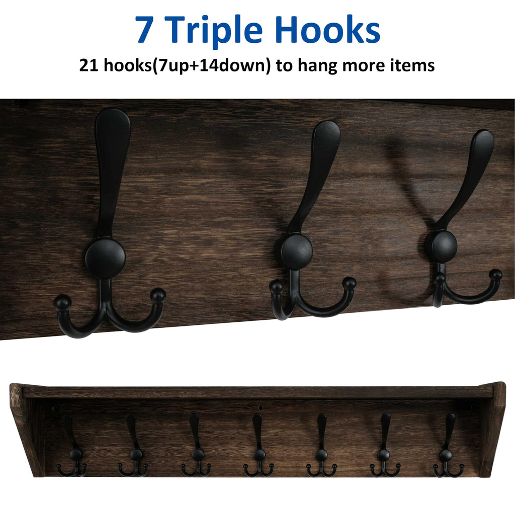 Coat Rack Wall Mount with Shelf, 35" Long Wall Shelf with Hooks Underneath, 7 Triple Hooks, Weathered Brown