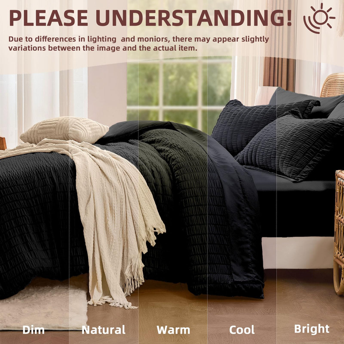 Black Comforter Sets with Sheets, 7 Pcs Seersucker Bed Set