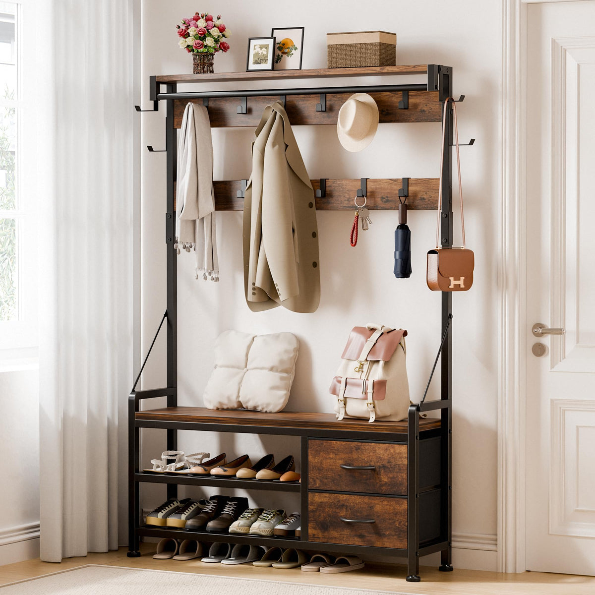Coat Rack, 39.4" Hall Tree with Shoe Storage Bench, Rustic Brown
