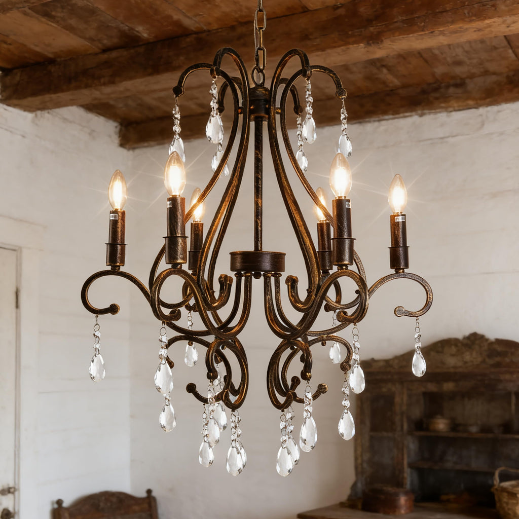 24.8" 6-Light Antique Bronze Crystal Chandelier