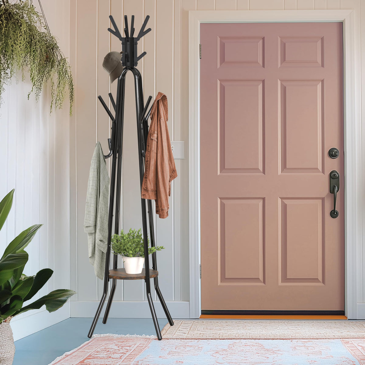 Standing Coat/Hat Rack with Shelf, 20 Hooks, Rustic Brown