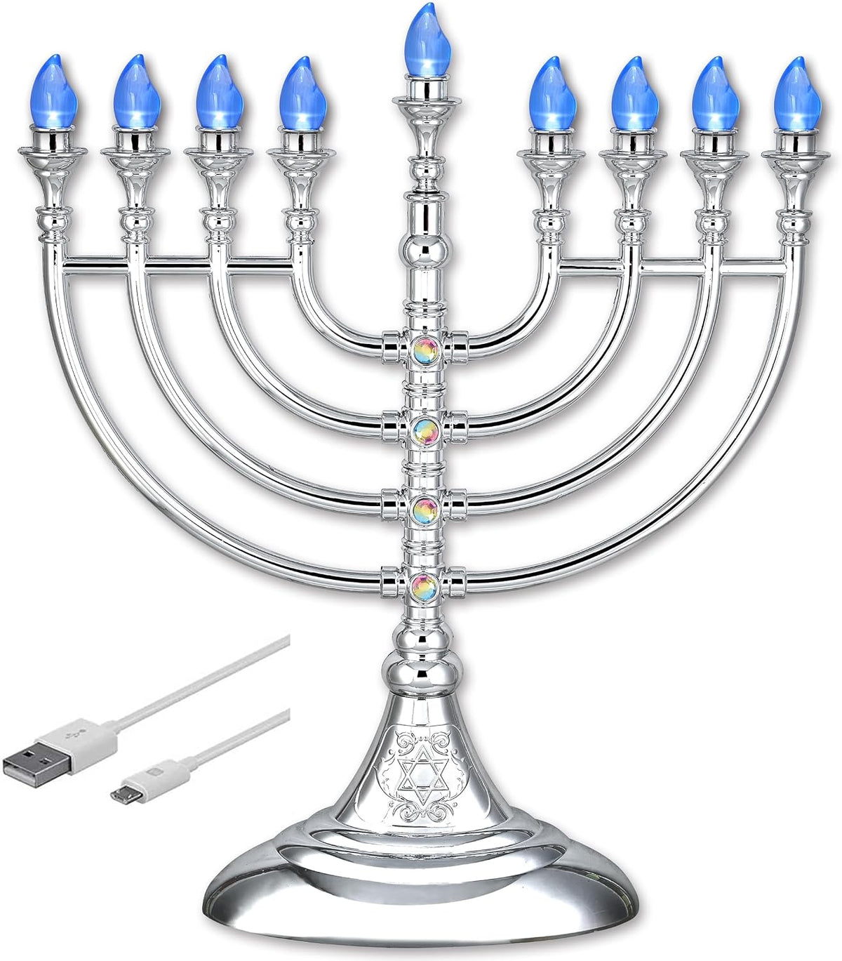 Traditional LED 13" Metallic Silver Battery or USB Powered Chanukiah with 4' USB Cable Electronic Chanukah Minorah