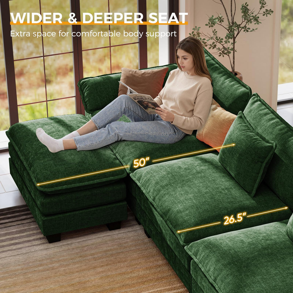 156" U Shaped Modular Sectional Cloud Couch with Ottoman, 7-Seats Chenille Comfy Deep Seat Upholstered Modern Sofa
