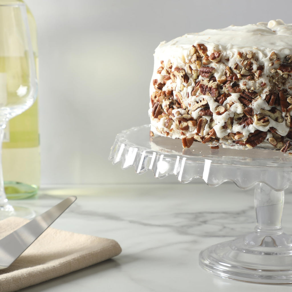 Watercrest Glass Cake Stand, 10.2 Inch Footed Pedestal Cake Plate with Scalloped Ruffled Edge, Clear Handmade