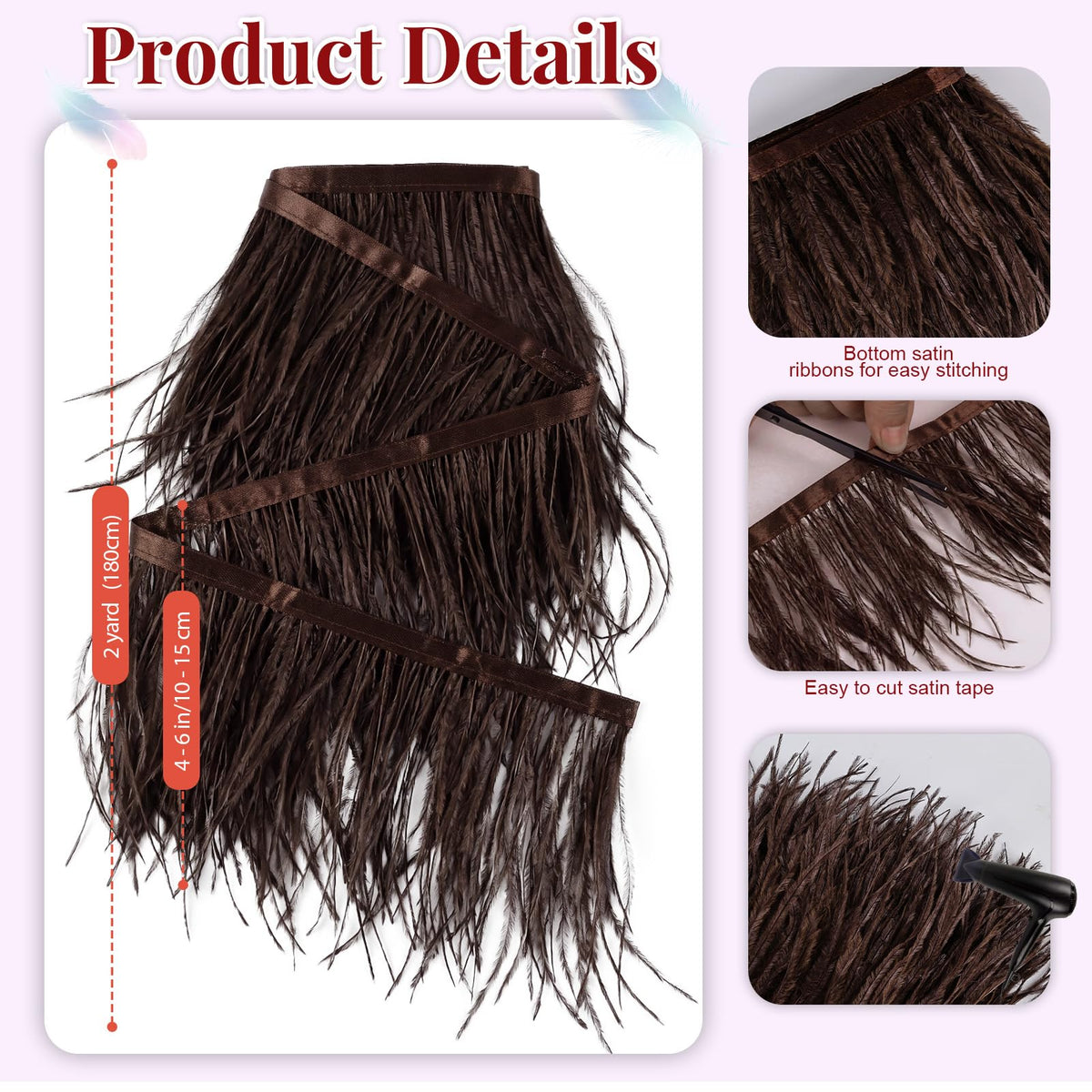 Coffee Ostrich Feathers Trim Sewing Fringe 2Yard 4-7inch for DIY Dress Sewing Craft Clothing Latin Wedding Dress