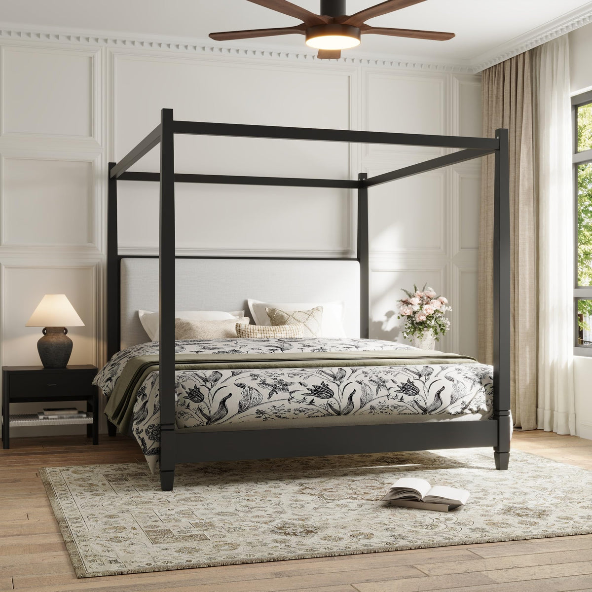 Cara Wooden Canopy Bed Frame with Headboard, 4 Poster Platform Bed Frame with Wooden Slat Supports and