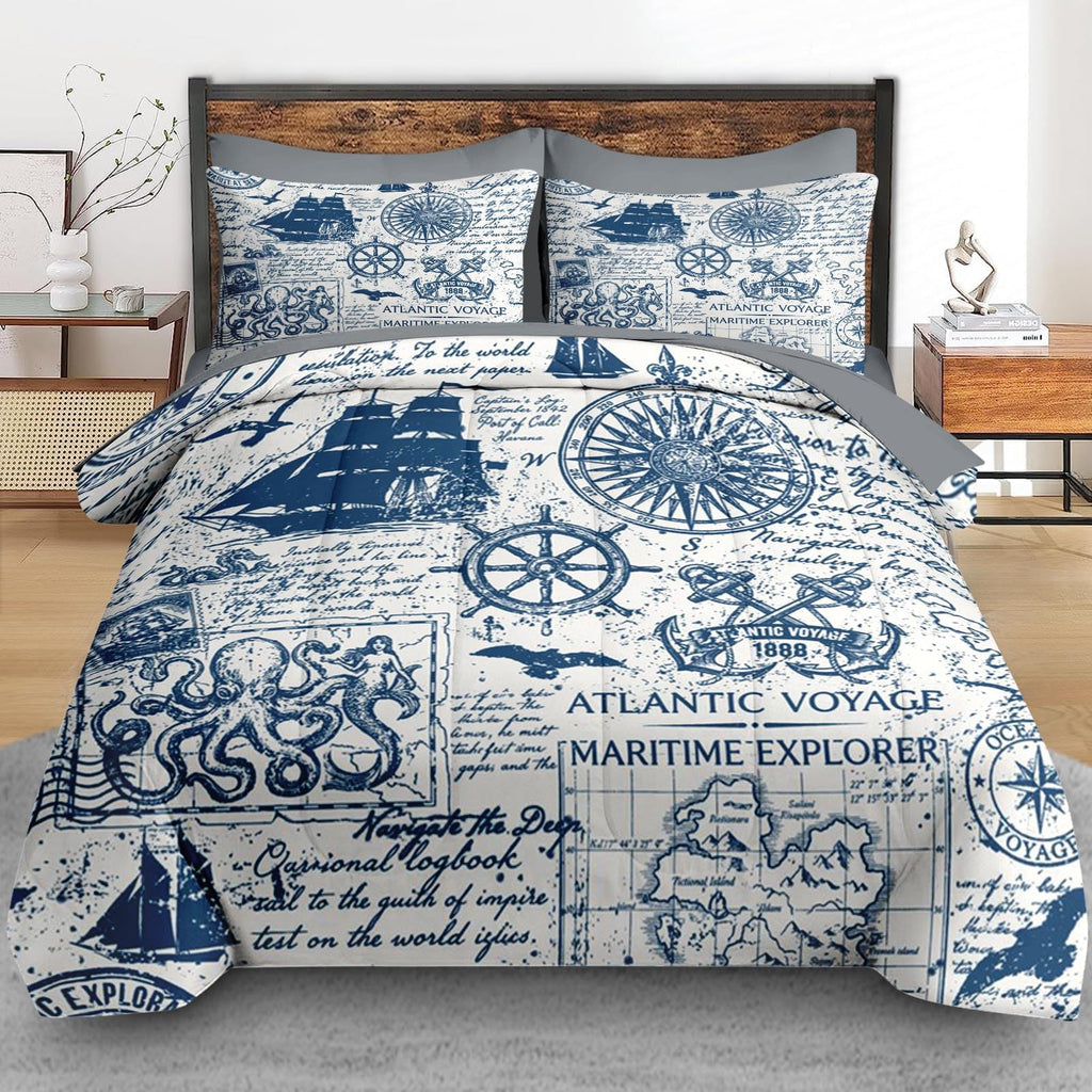 Queen Comforter Set with Sheets, 7 Pieces Nautical Anchor Bedding