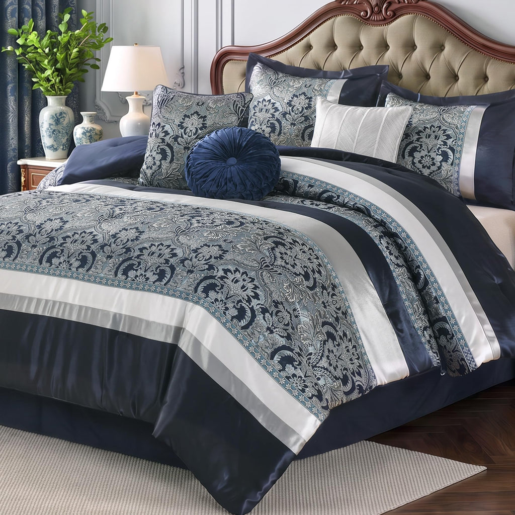 Luxury Comforter Set Damask Jacquard Navy Blue 7 Piece