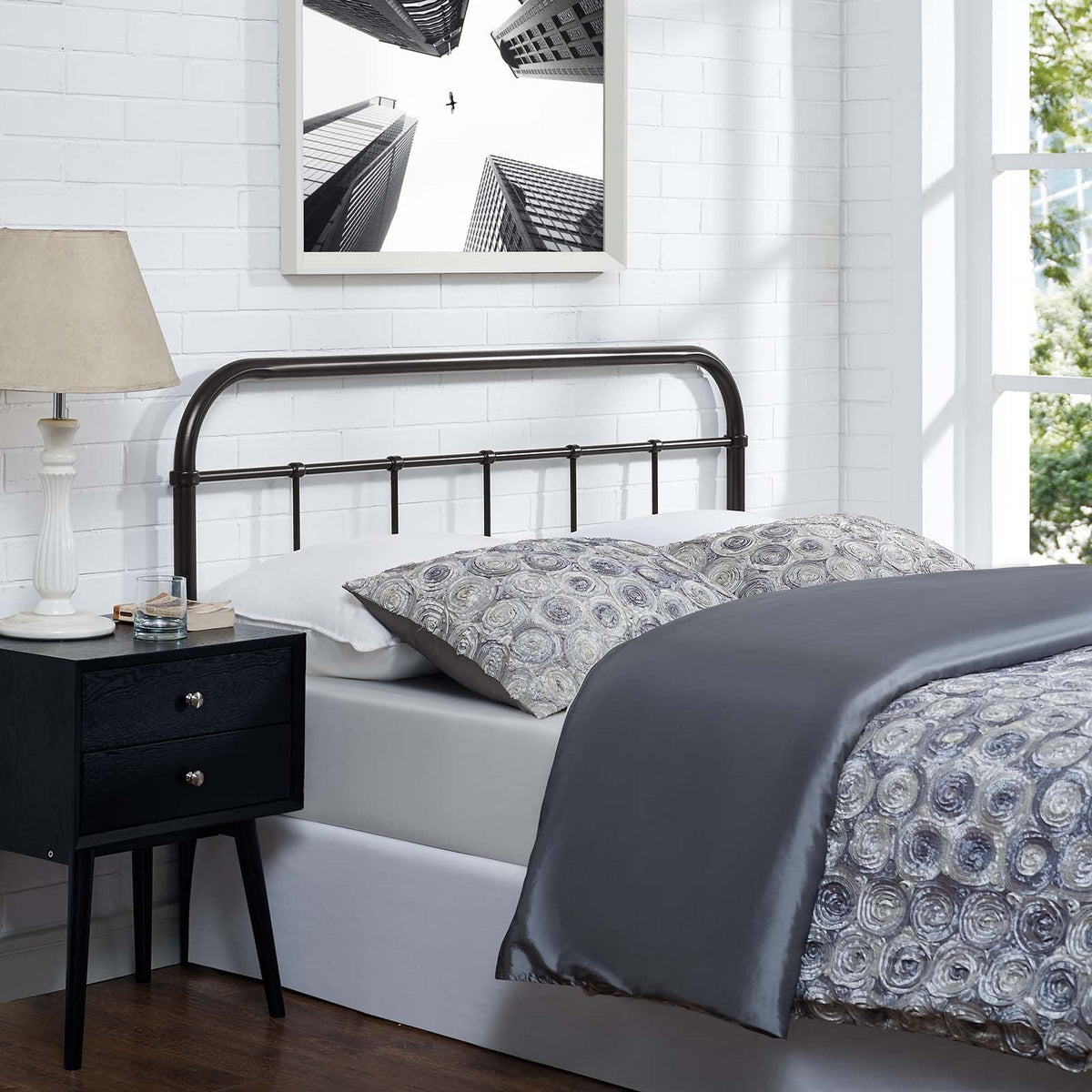 Serena Rustic Farmhouse Style Steel Metal Headboard Size in Brown