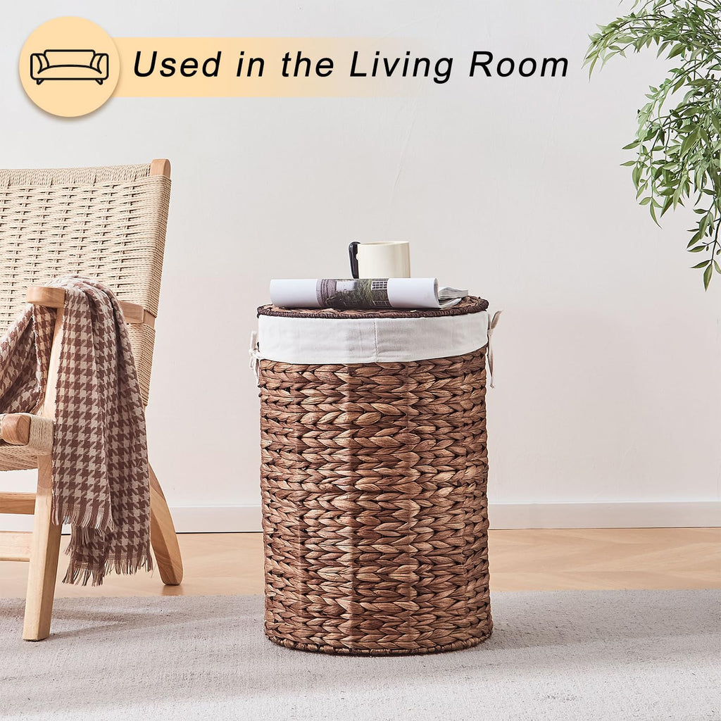 Round Water Hyacinth Laundry Hamper with Lid Handwoven Wicker Basket with Handles for Dirty Clothes, Storage, and