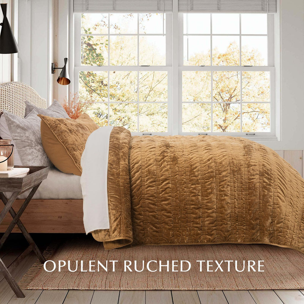 Ruched Lightweight Velvet Quilt Set, King Size, Gold Yellow