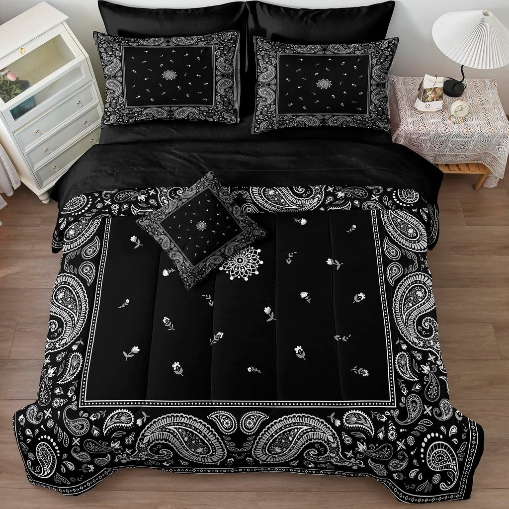 8 Pieces Paisley Comforter Set Queen Black Bedding Set with Sheet Set Boho Style Paisley Flower Comforter Set Decor