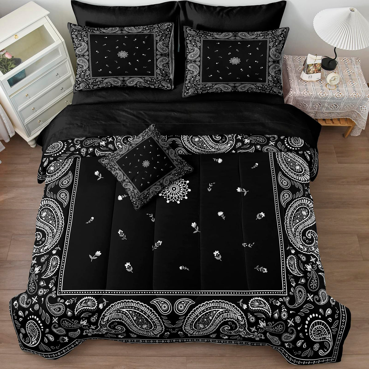 8 Pieces Paisley Comforter Set Queen Black Bedding Set with Sheet Set Boho Style Paisley Flower Comforter Set Decor