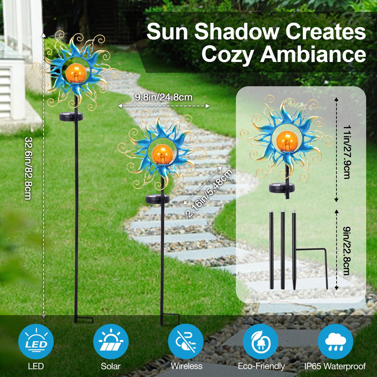 Solar Lights Outdoor Garden Decor, Blue Metal Sun Crackle Glass Globe Stake Waterproof 30LED Decorations Unique Gifts
