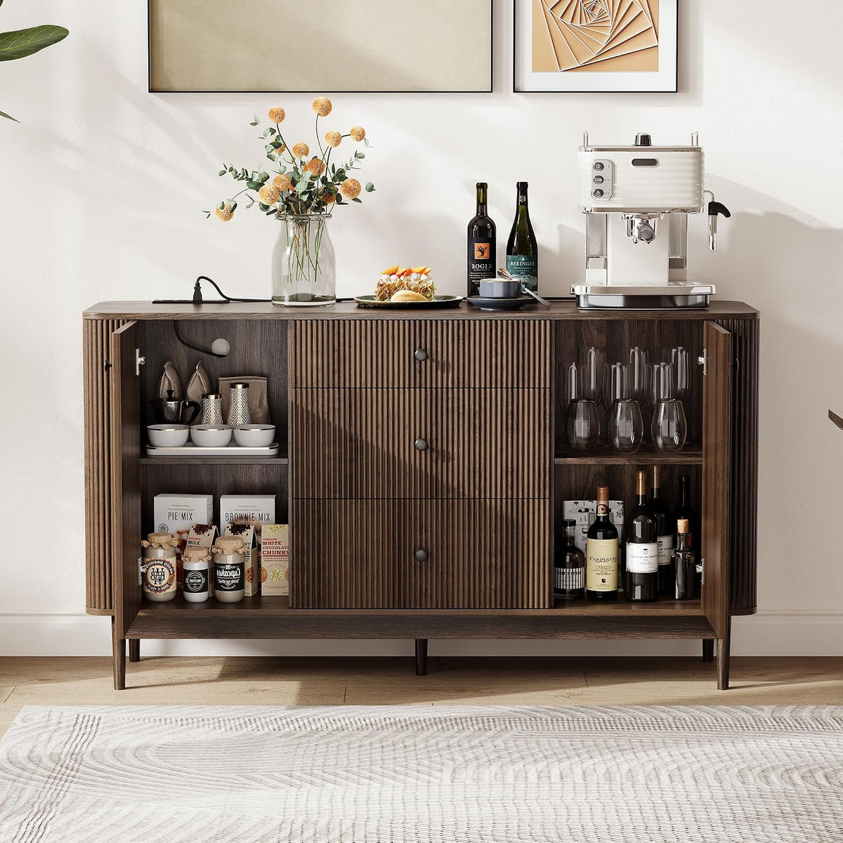 59" Buffet Cabinet with Drawers, Large Fluted Sideboard Buffet Storage Cabinet with Charging Station