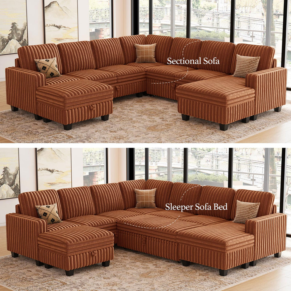 Oversized Sofa Bed Modular Sectional Sleeper Sofa with Pull Out Bed L Shaped Couch with Storage Chaise Brick Red Couch